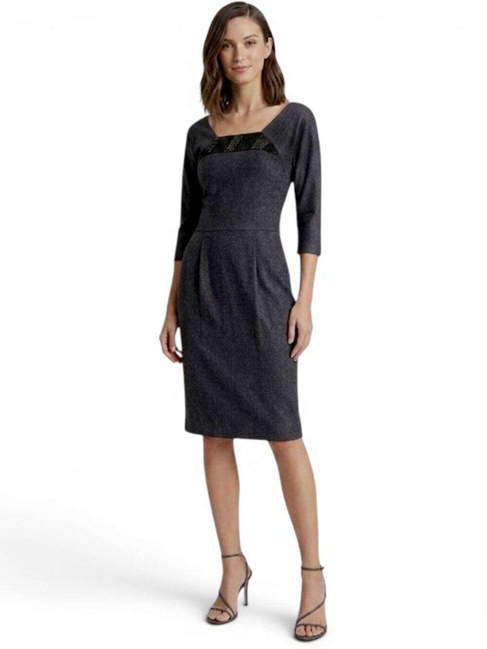 Vera Wang Lavender Label Charcoal Gray Sheath Dress Black Beading Cocktail 4